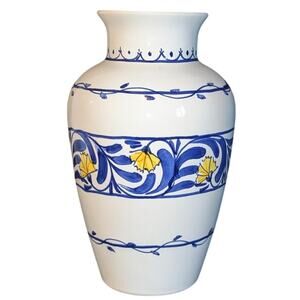 Vintage Signed Dipinto A Mano Italian Pottery Blue White Yellow Vase